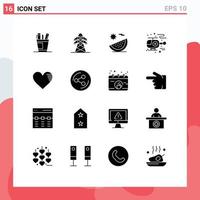 Group of 16 Solid Glyphs Signs and Symbols for helicopter vacation energy summer food Editable Vector Design Elements