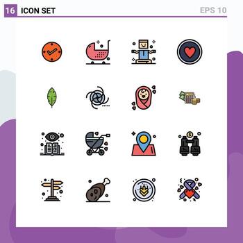 Pack of 16 Modern Flat Color Filled Lines Signs and Symbols for Web Print Media such as feather heart form award magic Editable Creative Vector Design Elements