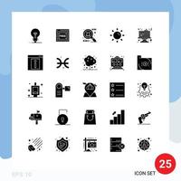 Pack of 25 Modern Solid Glyphs Signs and Symbols for Web Print Media such as contact food spy ware cake shine Editable Vector Design Elements