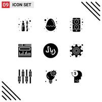 Set of 9 Vector Solid Glyphs on Grid for money rayal app web analytics Editable Vector Design Elements