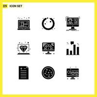 Modern Set of 9 Solid Glyphs Pictograph of web vip video value diamond Editable Vector Design Elements