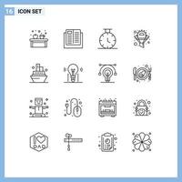 Group of 16 Outlines Signs and Symbols for cruise gear learning funnel cog Editable Vector Design Elements