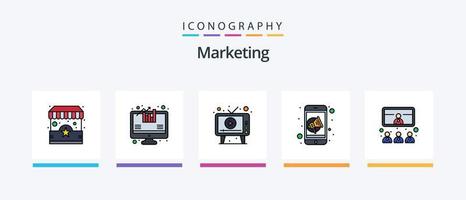 la línea de marketing llenó el paquete de 5 iconos, incluidos los medios. anuncio. web. comentario. la satisfacción del cliente. diseño de iconos creativos vector