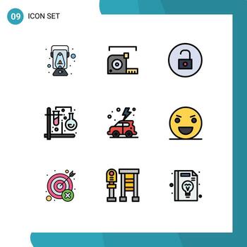 paquete de interfaz de usuario de 9 colores planos básicos de línea rellena de elementos de diseño vectorial editables multimedia de prueba de regla de tubos de mezcla vector