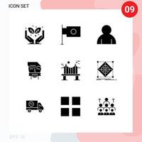 Universal Icon Symbols Group of 9 Modern Solid Glyphs of river bridge user across shut Editable Vector Design Elements