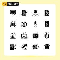 Universal Icon Symbols Group of 16 Modern Solid Glyphs of bridge saxophone sun play instrument Editable Vector Design Elements