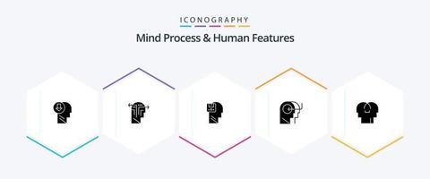 proceso mental y características humanas Paquete de iconos de 25 glifos que incluye la mente. enseñando. cabeza. gente. usuario vector