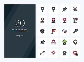 20 iconos llenos de línea de pin de mapa para presentación vector