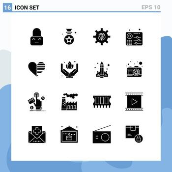 conjunto de 16 glifos sólidos vectoriales en cuadrícula para programación de ecualizador de codificación de música cardíaca elementos de diseño vectorial editables vector