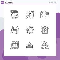 paquete de 9 signos y símbolos de contornos modernos para medios de impresión web, como la configuración de elementos de diseño vectorial editables del ejército de captura de seguridad victorinox vector