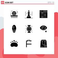 Group of 9 Solid Glyphs Signs and Symbols for gauge candle science experiment bulb settings Editable Vector Design Elements