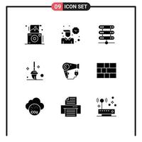 Group of 9 Solid Glyphs Signs and Symbols for hairdryer dryer computing mop bucket Editable Vector Design Elements