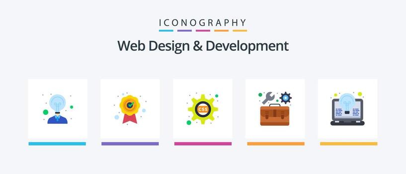 Web Design And Development Flat 5 Icon Pack Including invention. coding. css. bulb. toolbox. Creative Icons Design vector