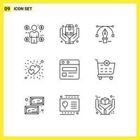 Group of 9 Modern Outlines Set for web love pen heart bright Editable Vector Design Elements