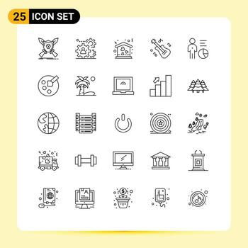 User Interface Pack of 25 Basic Lines of chart instrument team guitar love Editable Vector Design Elements