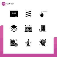 Mobile Interface Solid Glyph Set of 9 Pictograms of laptop crypto finger coin swipe Editable Vector Design Elements