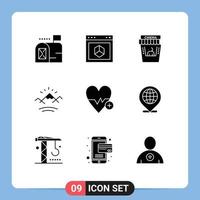 Pack of 9 Modern Solid Glyphs Signs and Symbols for Web Print Media such as heart beat canada cinema sun mountains Editable Vector Design Elements