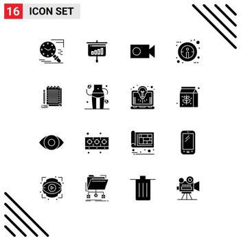Mobile Interface Solid Glyph Set of 16 Pictograms of notebook sign information information video Editable Vector Design Elements
