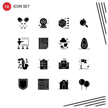 16 glifos sólidos universales establecidos para aplicaciones web y móviles clase tabla bacteria raqueta vida elementos de diseño vectorial editables vector