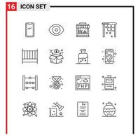 Set of 16 Vector Outlines on Grid for bedroom working desk science office desk desk Editable Vector Design Elements