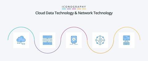 Cloud Data Technology And Network Technology Blue 5 Icon Pack Including computer. network. music. connectivity. computing vector