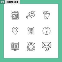 User Interface Pack of 9 Basic Outlines of location thinking water mind human Editable Vector Design Elements