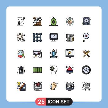 conjunto moderno de 25 colores planos y símbolos de línea rellena, como el tiempo de gestión del reloj del disco, frutas, elementos de diseño vectorial editables vector