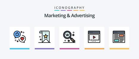 la línea de marketing y publicidad llenó el paquete de 5 íconos, incluidas las manos. marco. marketing. pago por clic. hacer clic. diseño de iconos creativos vector