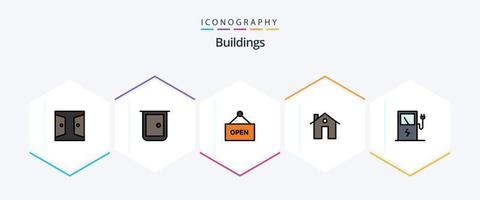 paquete de iconos de 25 líneas completas de edificios que incluye . estación. dirección. eléctrico. construcción vector