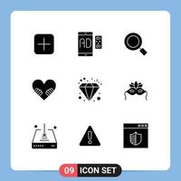 Modern Set of 9 Solid Glyphs Pictograph of investment valentine mobile love search Editable Vector Design Elements