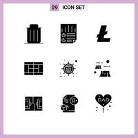 Group of 9 Solid Glyphs Signs and Symbols for optimization tennis report court lite coin Editable Vector Design Elements