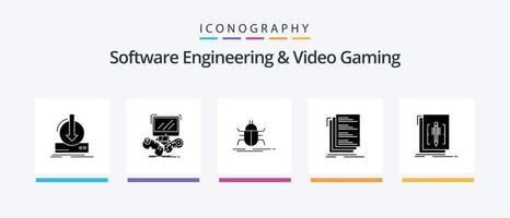 paquete de iconos de glifo 5 de ingeniería de software y videojuegos que incluye compilación. código. multijugador virus. insecto. diseño de iconos creativos vector