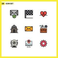 Pack of 9 Modern Filledline Flat Colors Signs and Symbols for Web Print Media such as user mail like tower house Editable Vector Design Elements