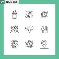 Group of 9 Outlines Signs and Symbols for emoji economist paper capitalist watch Editable Vector Design Elements