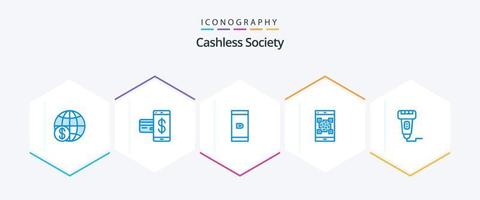 Paquete de 25 íconos azules de la sociedad sin efectivo que incluye escaneo. pago. financiero. código. teléfono inteligente vector