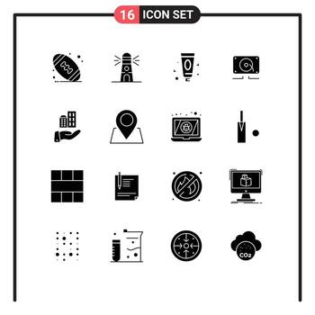 Pack of 16 Modern Solid Glyphs Signs and Symbols for Web Print Media such as sustainable business lotion architecture speaker Editable Vector Design Elements