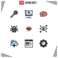 Modern Set of 9 Filledline Flat Colors Pictograph of mouth network security data network right Editable Vector Design Elements