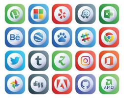 Paquete de 20 iconos de redes sociales que incluye foto instagram slack zootool tweet vector