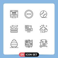 Universal Icon Symbols Group of 9 Modern Outlines of aircondition study baseball ruler geometry Editable Vector Design Elements