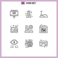 9 User Interface Outline Pack of modern Signs and Symbols of develop app construction romance heart Editable Vector Design Elements