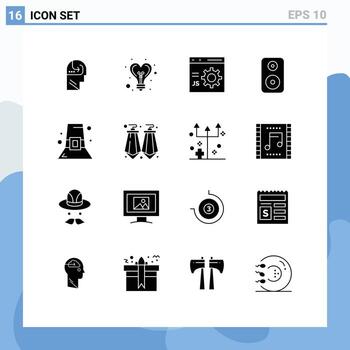 paquete de 16 signos y símbolos de glifos sólidos modernos para medios de impresión web, como la programación de woofer de navegador hat laud, elementos de diseño de vectores editables