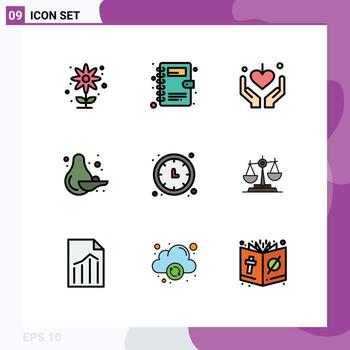 User Interface Pack of 9 Basic Filledline Flat Colors of timer time love clock fruit Editable Vector Design Elements