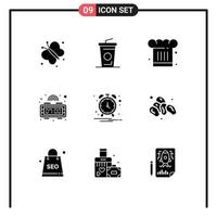 Mobile Interface Solid Glyph Set of 9 Pictograms of notification alarm chef time alarm Editable Vector Design Elements