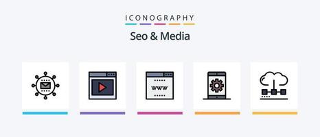 Seo and Media Line Filled 5 Icon Pack Including seo. media. optimization. engine. interface search engine. Creative Icons Design vector