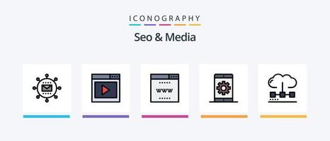 seo y la línea de medios llenaron un paquete de 5 íconos que incluye seo. medios de comunicación. mejoramiento. motor. motor de búsqueda de interfaz. diseño de iconos creativos vector