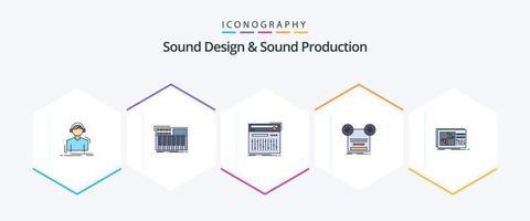 Sound Design And Sound Production 25 FilledLine icon pack including retro. record. synthesiser. sound. midi vector