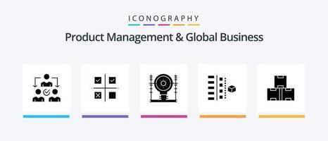 gestión de productos y paquete de iconos de glifo 5 de negocios globales, incluida la planificación. etapas. producción. desarrollo. generación. diseño de iconos creativos vector