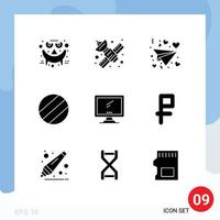 Editable Vector Line Pack of 9 Simple Solid Glyphs of pc device telecommunication monitor ball Editable Vector Design Elements