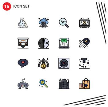Mobile Interface Flat Color Filled Line Set of 16 Pictograms of presentation chart info graphics youtube online Editable Creative Vector Design Elements