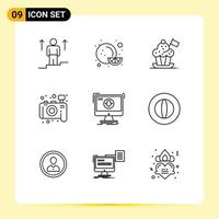 9 Universal Outlines Set for Web and Mobile Applications content photography chef photo flag Editable Vector Design Elements